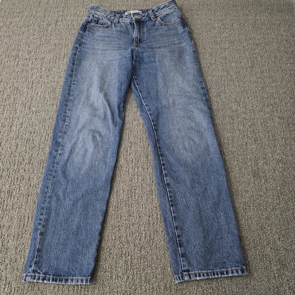 Zara Z1975 Womens 2 High Rise Straight Leg Cuffed Jeans Blue 100% Cotton